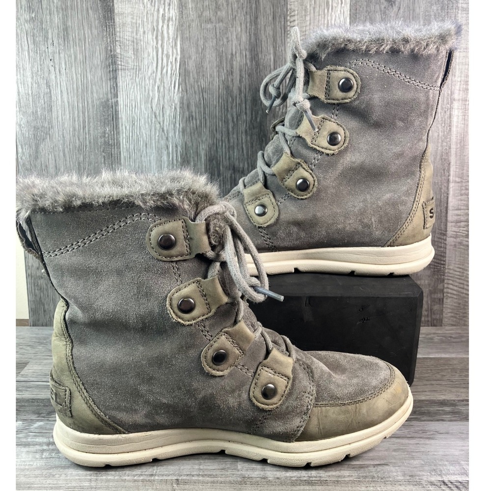 Sorel Explorer Joan Waterproof Boots Quarry Grey Faux Fur NL3039-052 Womens 7.5 - Picture 2 of 7